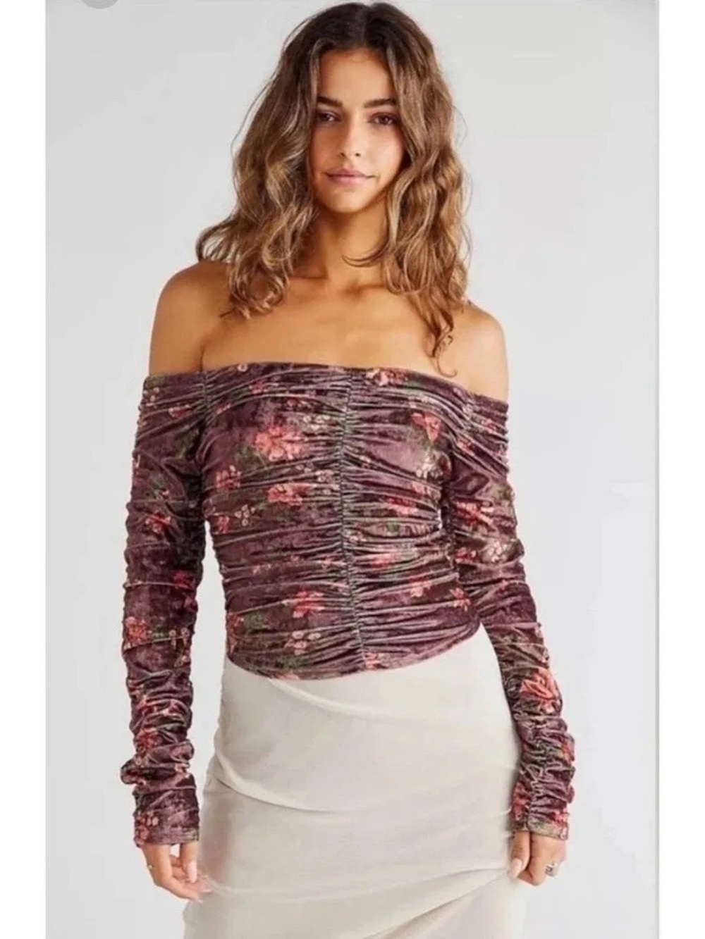 Free People Off-Shoulder Ruched Floral Tunic in Plum Mix